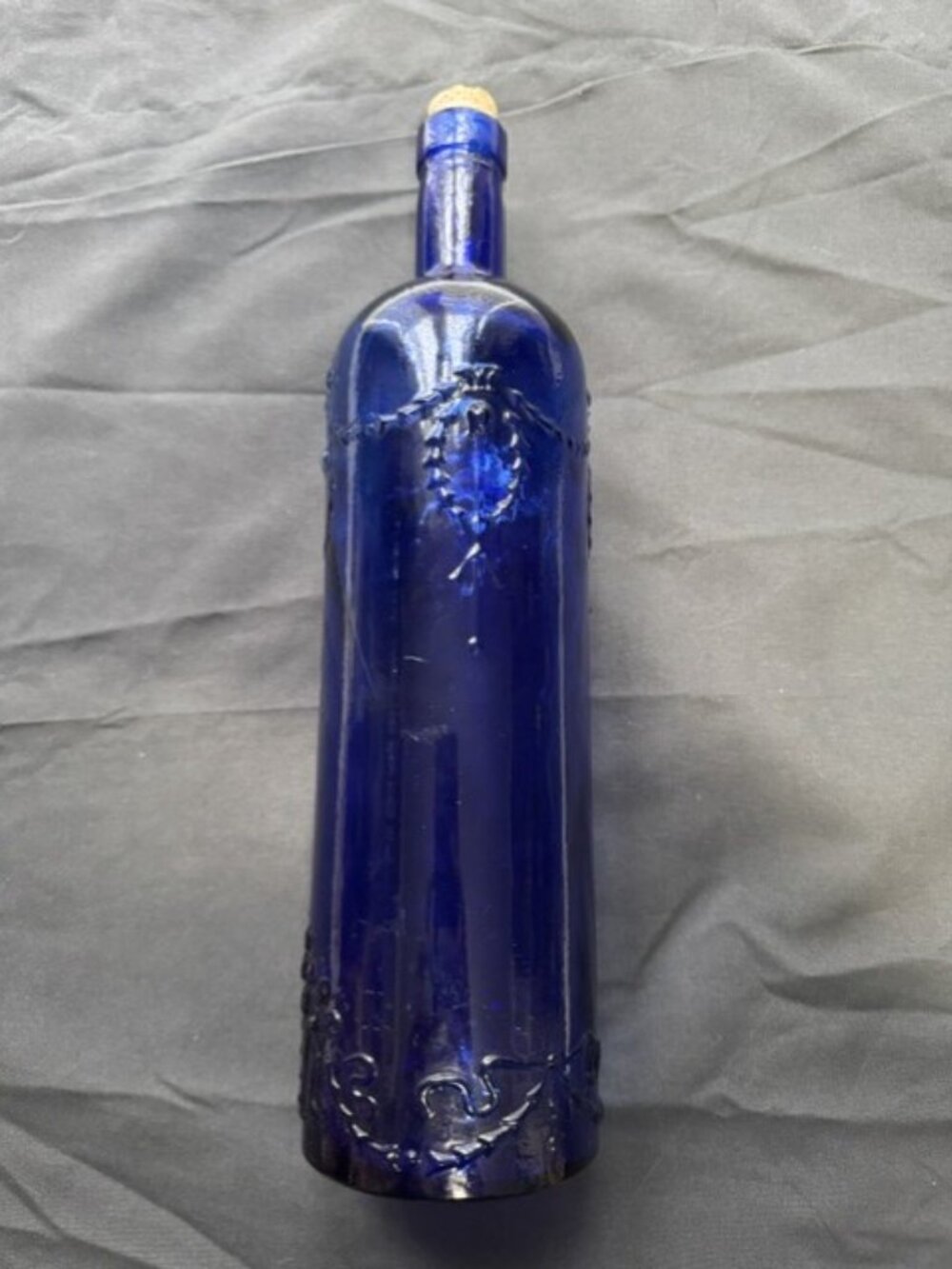Vintage Cobalt  Blue Glass Embossed Bottle 12"  Flowers and Basket Design w Cork - Picture 2 of 4